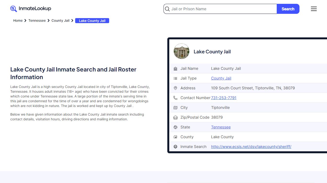 Lake County Jail Inmate Search - Tiptonville Tennessee - Inmate Lookup